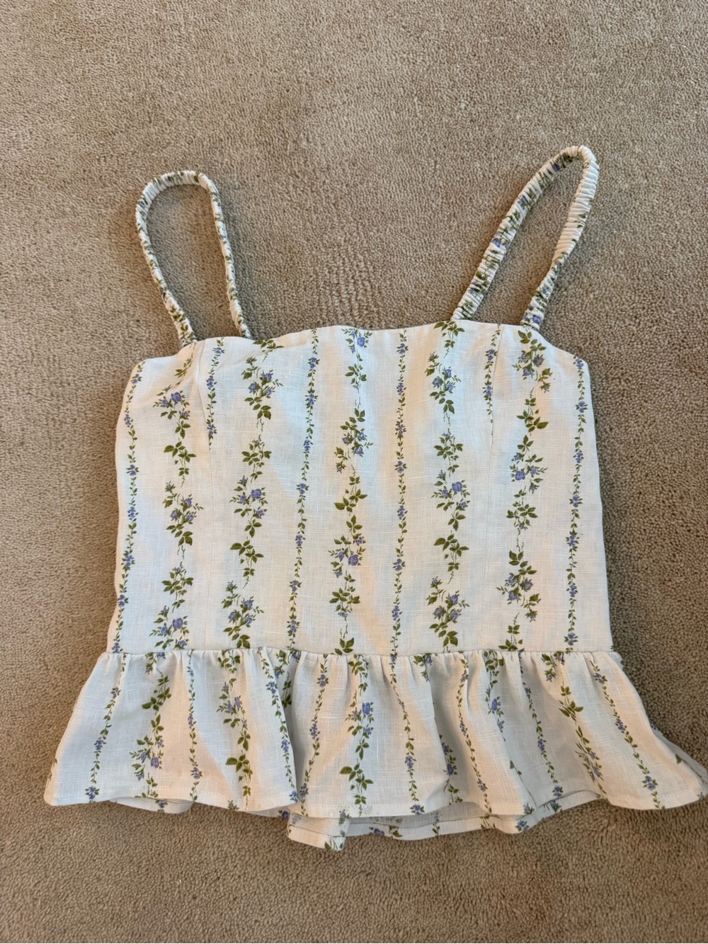 Reformation Cream Floral Ruffle Cami with Green and Blue Vines
